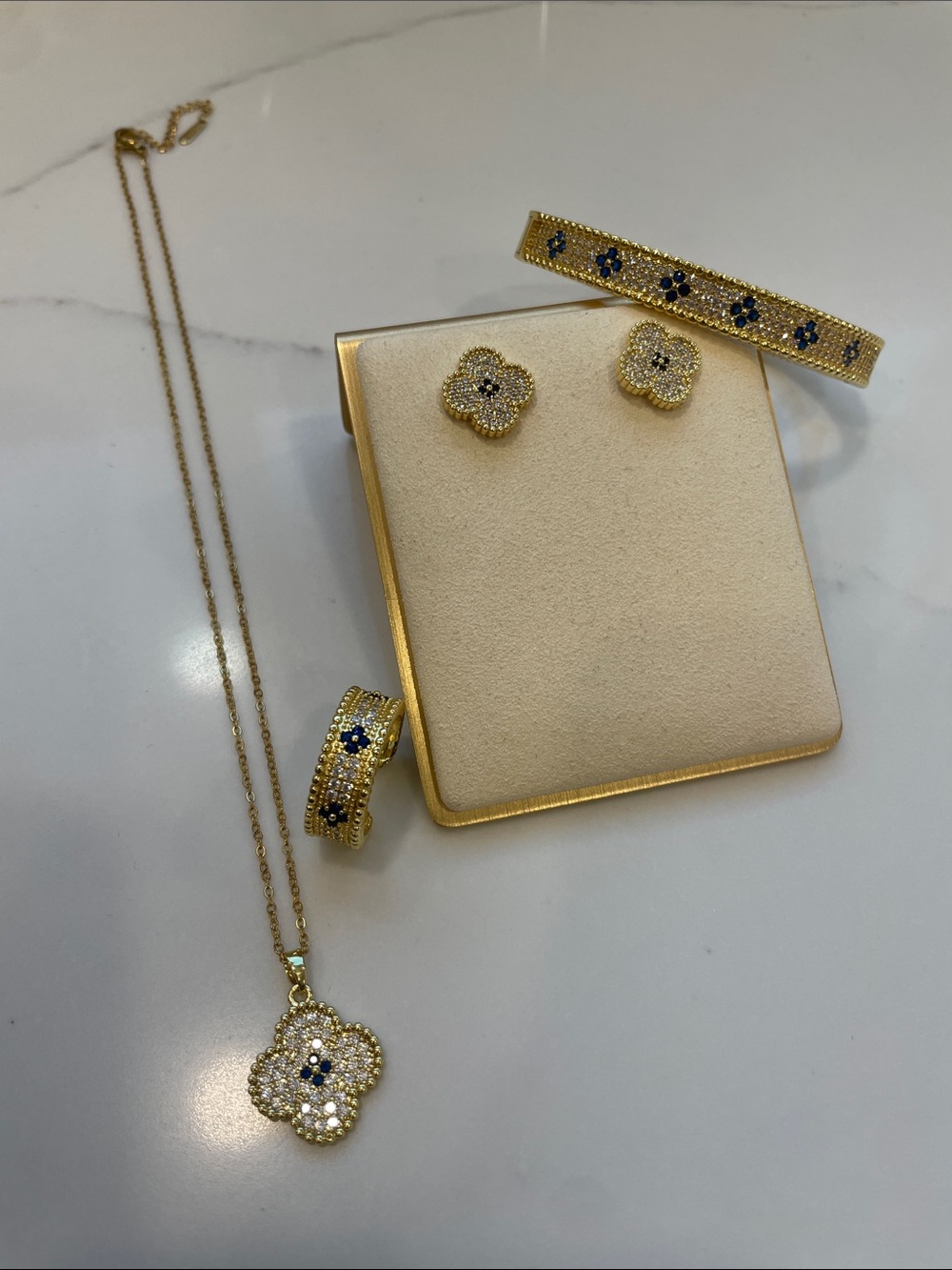 Gold Clover CZ Necklace & Earring Set with Bracelet and Ring